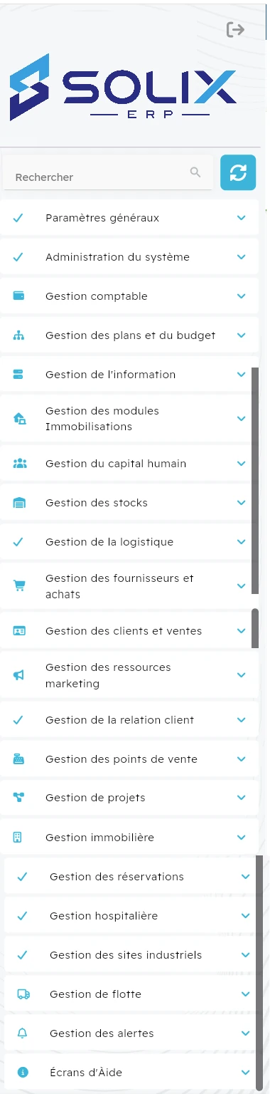 Menu de SOLIX ERP : comptabilité, budget, stocks, achats, ventes, RH, projets, immobilier, sites industriels et flotte